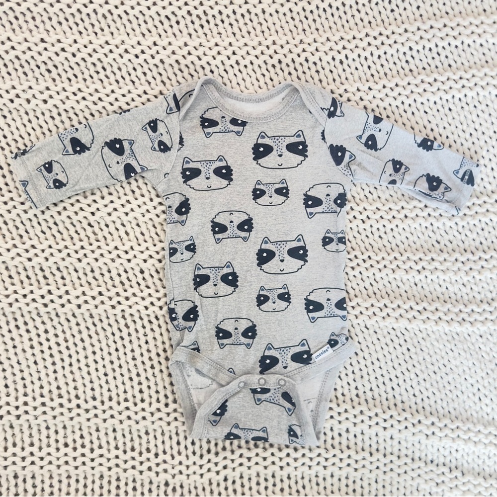 Gerber 100% Cotton Onesie Baby Boy Long Sleeve Raccoon Bodysuit 3-6 Months